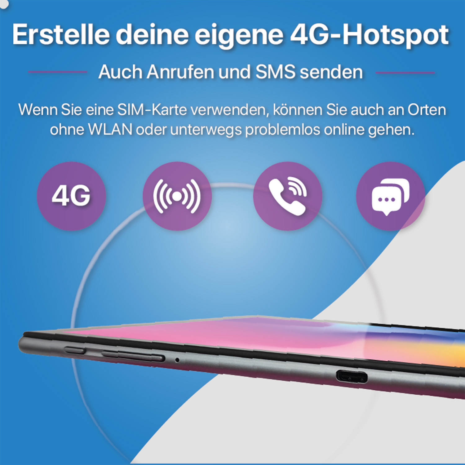 Smartphone mit Symbolen für 4G, WLAN, Telefonanrufe und Nachrichten. Text: Erstellen Sie Ihren eigenen 4G-Hotspot.