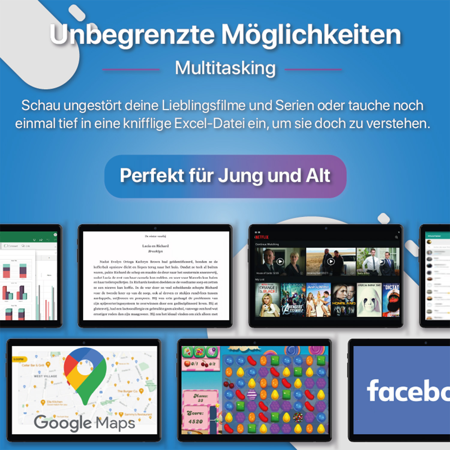 Eine Collage von Bildschirmen mit verschiedenen Apps wie Google Maps, Netflix und Facebook. Es gibt mehrere Geräte.