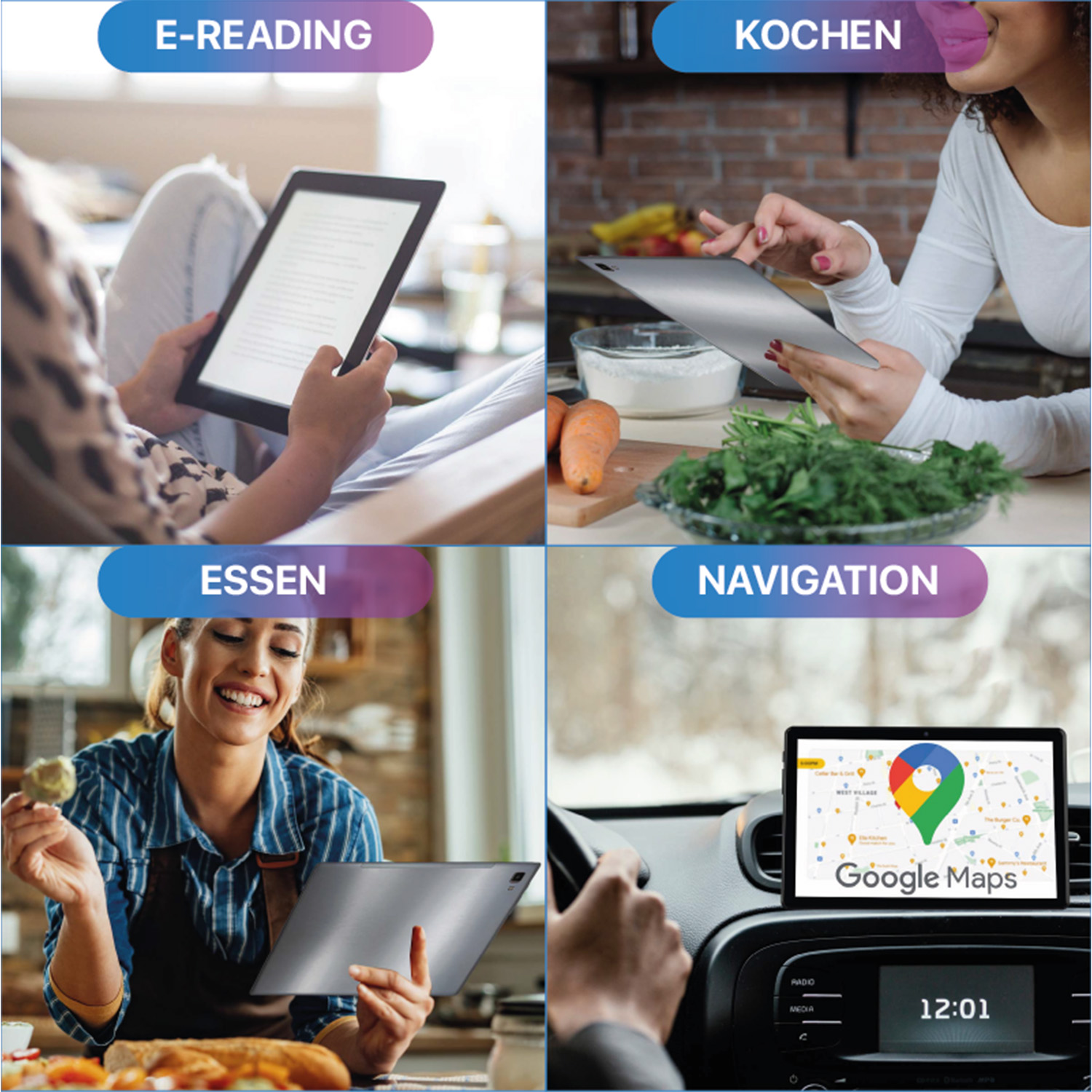 Vier Bilder zeigen Menschen, die Tablets zum E-Reading, Kochen, Essen und Navigieren nutzen.