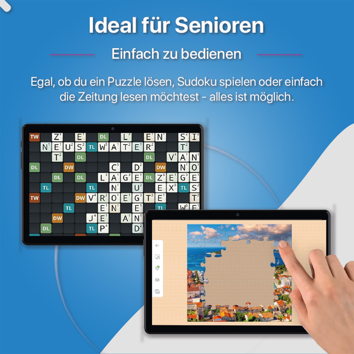 Zwei Tablets, die Wortspiele und Rätsel anzeigen. Eine Hand hält einen Stift. Der Hintergrund ist blau.