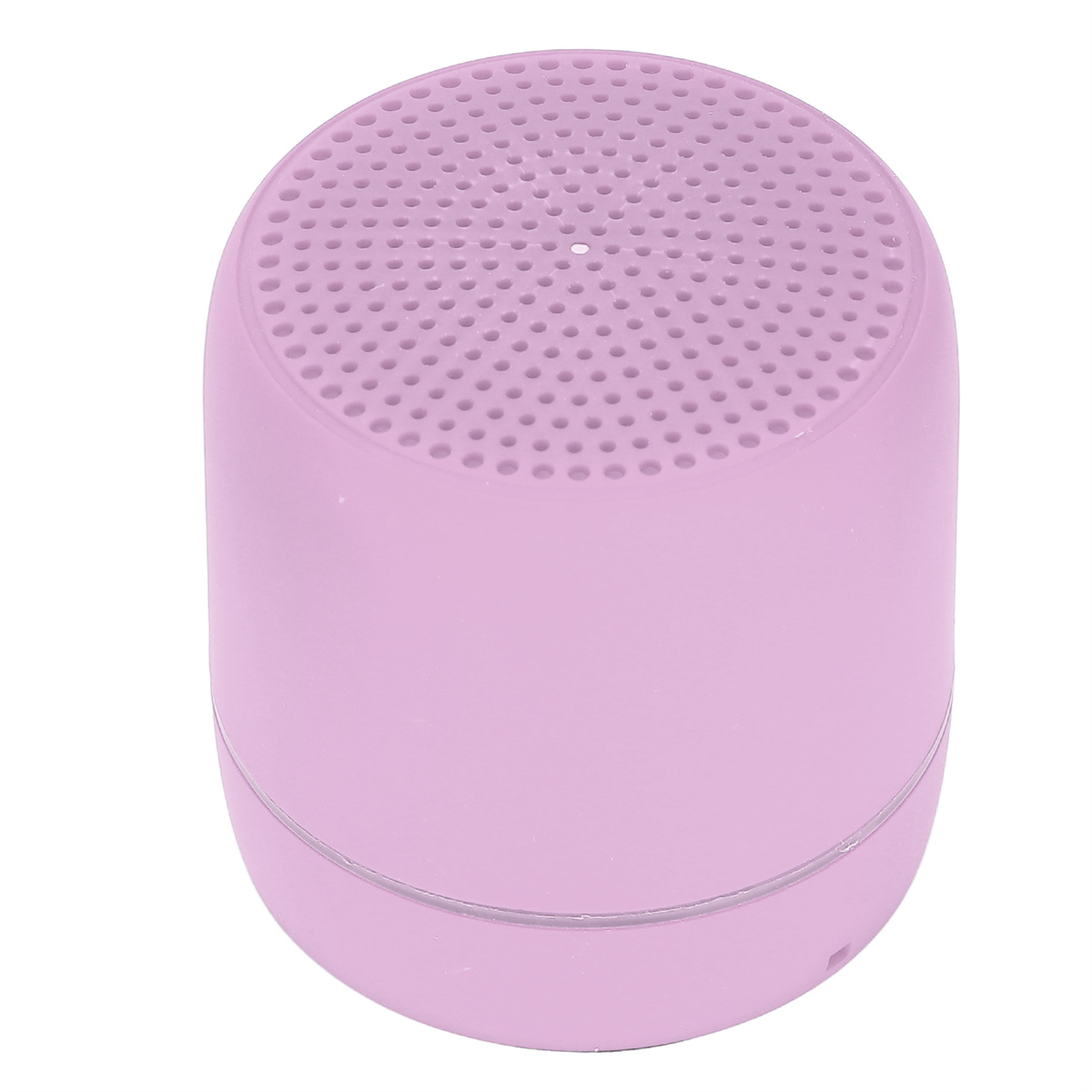 Kleiner, rosa, zylindrischer Lautsprecher mit perforierter Oberseite.