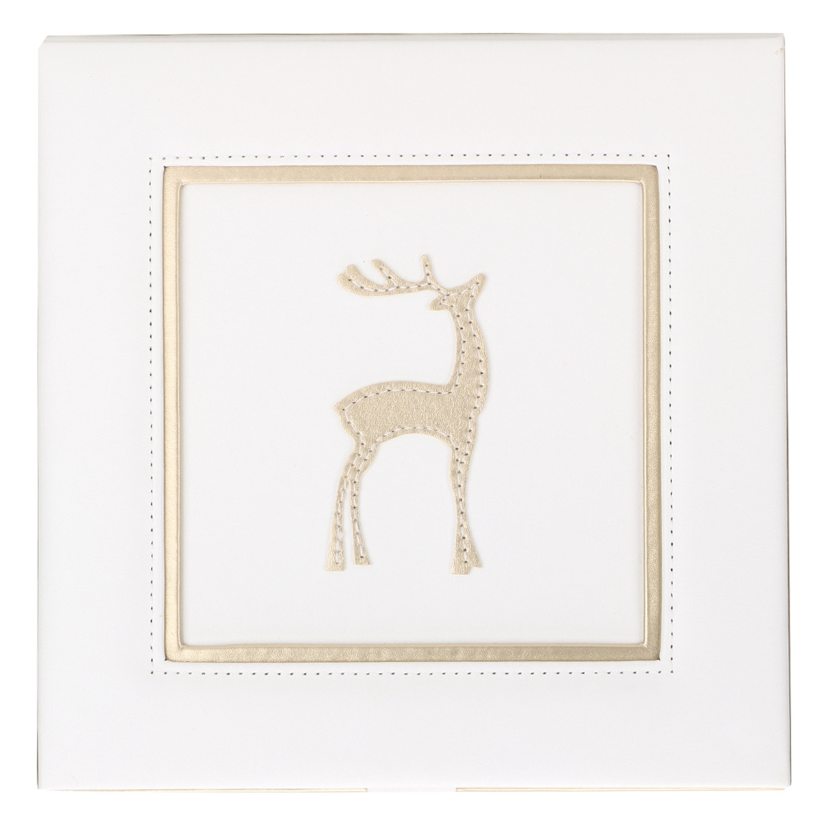 Weißer quadratischer Kasten mit goldenem Hirschdesign in der Mitte. Goldener Rand. Weißer Hintergrund.