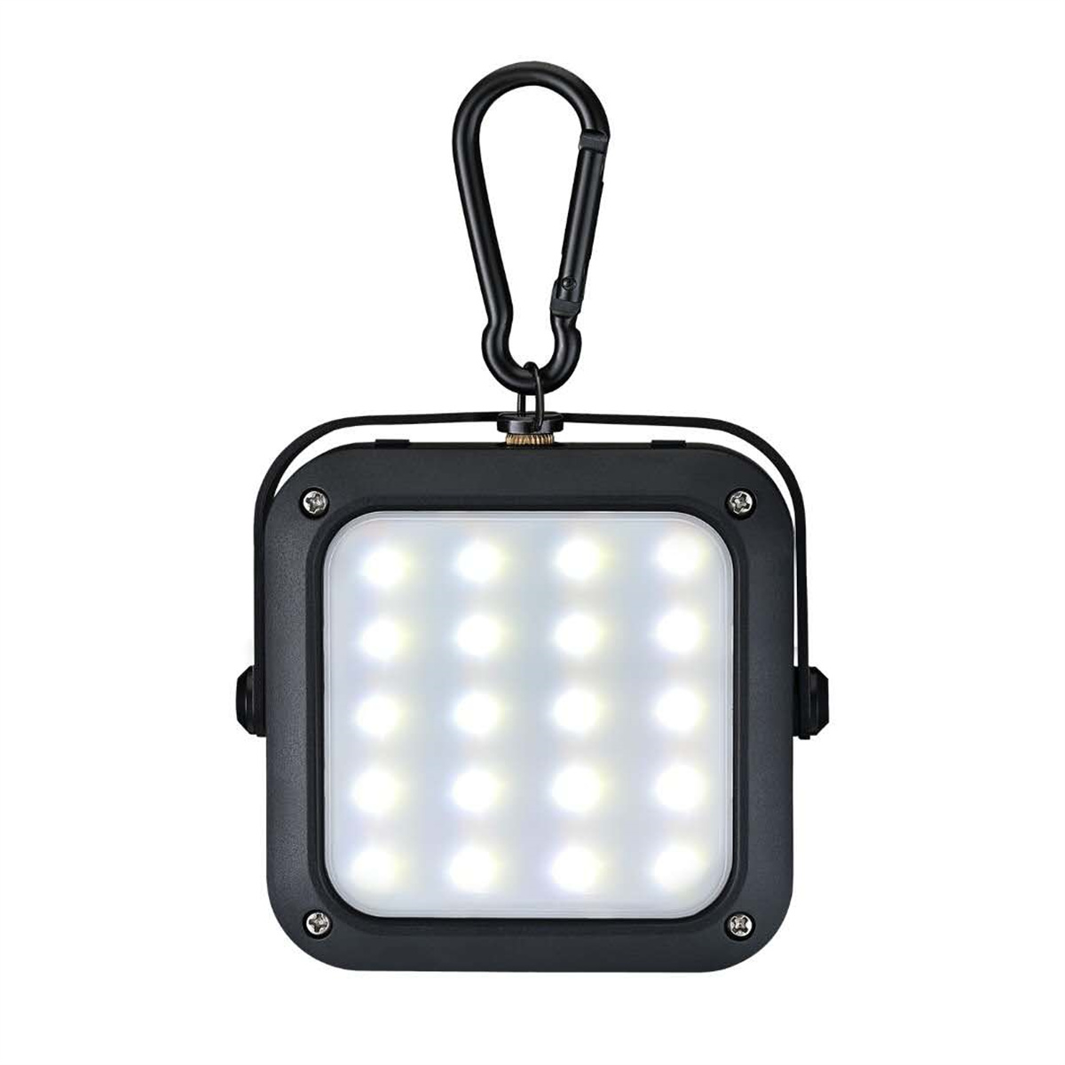 Eine schwarze quadratische LED-Leuchte mit Haken, für den Außenbereich. Die Leuchte hat eine quadratische Form.