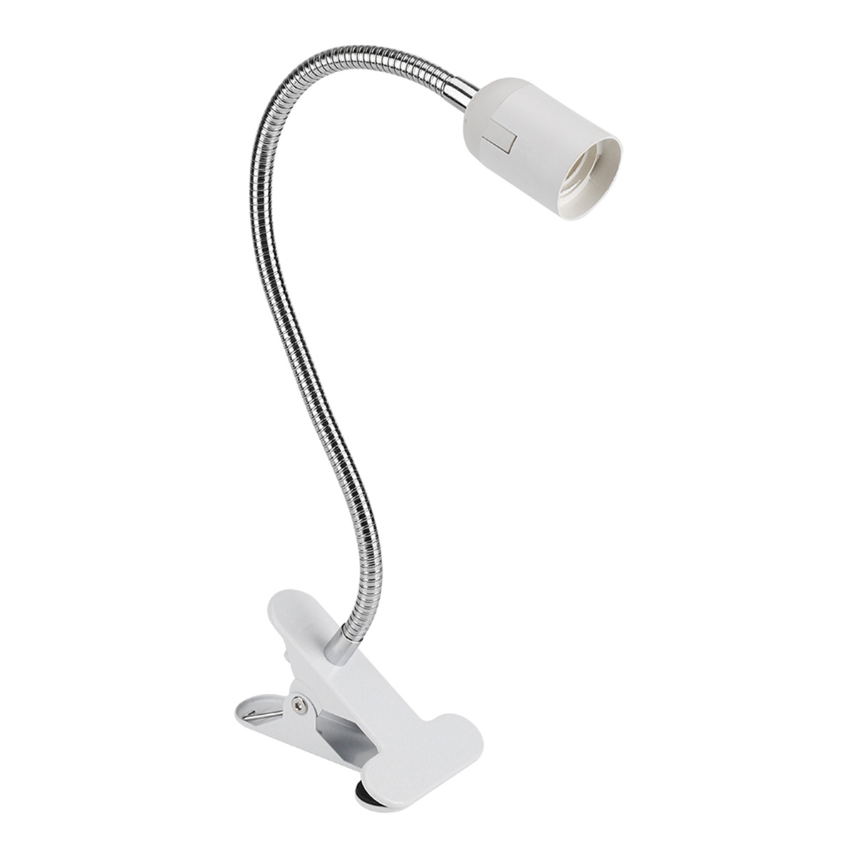 Weiße Klemmleuchte mit flexiblem Arm, auf weißem Hintergrund.