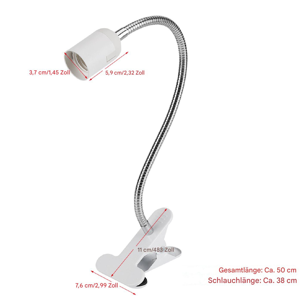 Eine flexible Schwanenhalslampe mit Clip-Basis, zeigt Messungen in cm und Zoll.