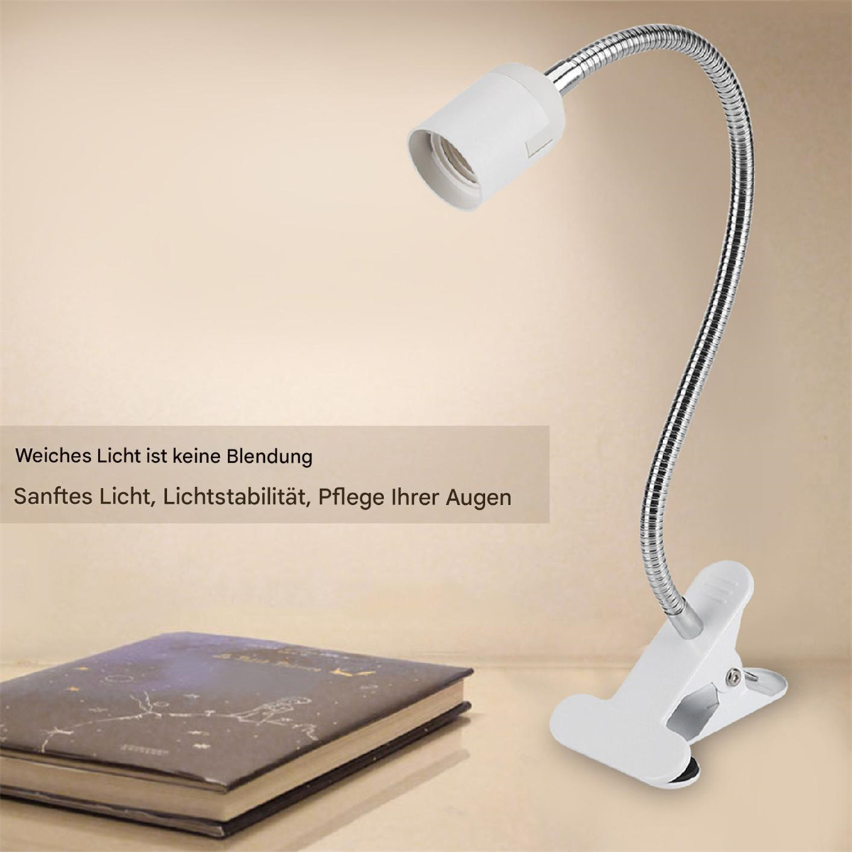 Eine weiße Lampe mit flexiblem Hals und ein Buch auf einem Tisch.