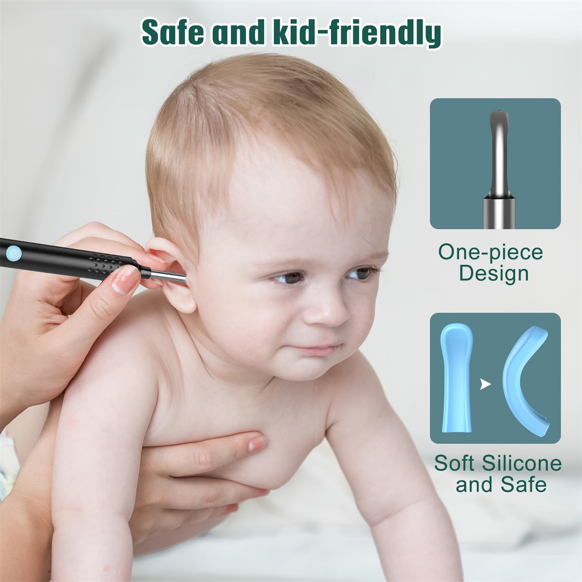 Das Ohr eines Babys wird mit einem schwarzen Ohrreiniger gereinigt. Der Text lautet: „Sicher und kinderfreundlich“. Zwei Diagramme.