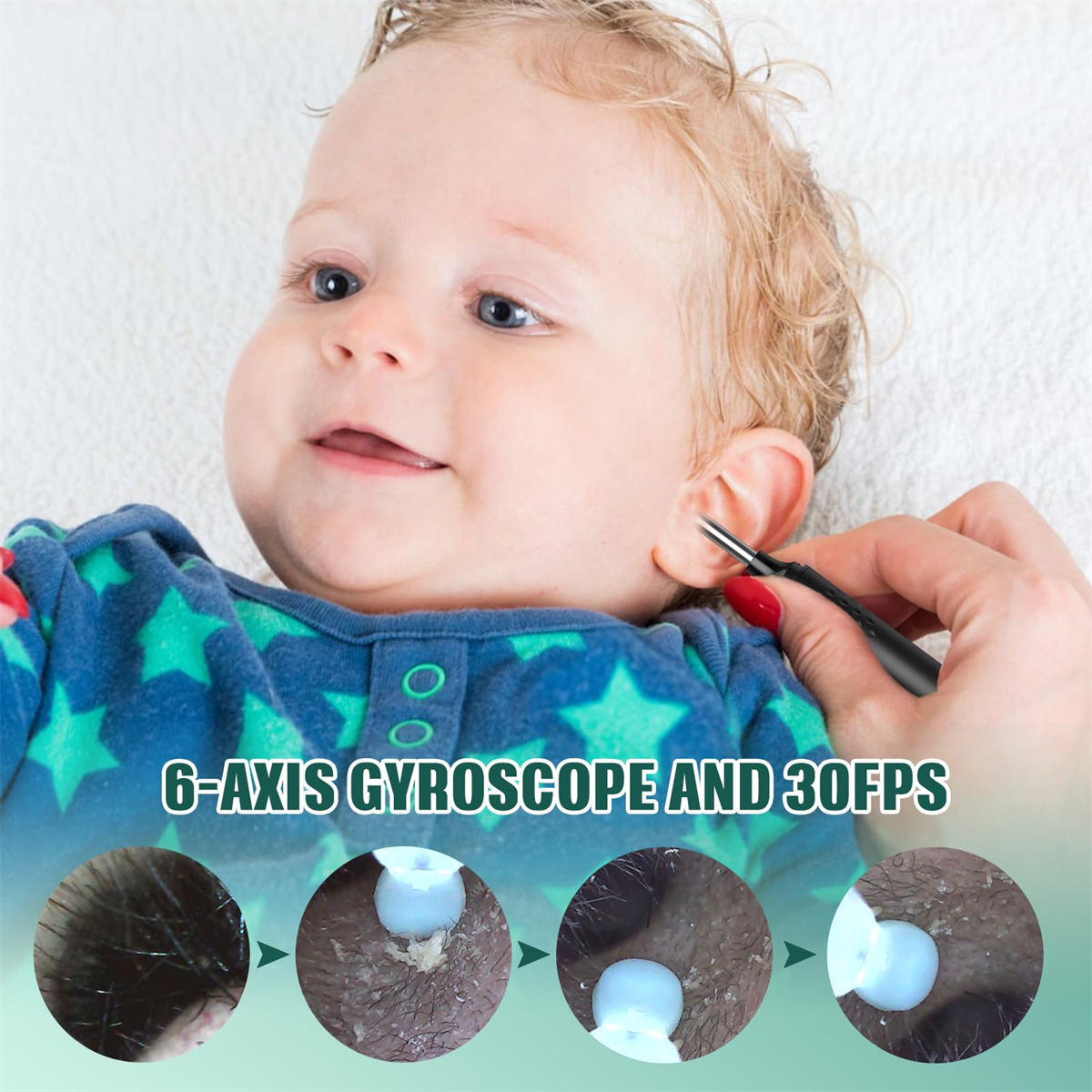 Ein Baby, dem das Ohr mit einem kleinen Gerät gereinigt wird, mit Nahaufnahmen des Gehörgangs.