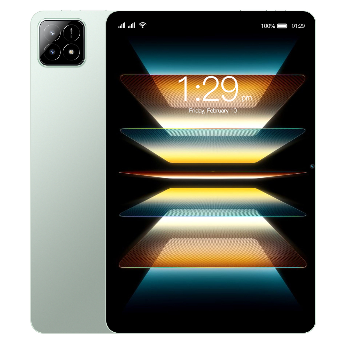 Tablet mit grünem Rücken und einem Bildschirm, der die Uhrzeit anzeigt. Die Rückseite hat Kameras. Schwarzer Bildschirm mit der Uhrzeit 13:29 Uhr.
