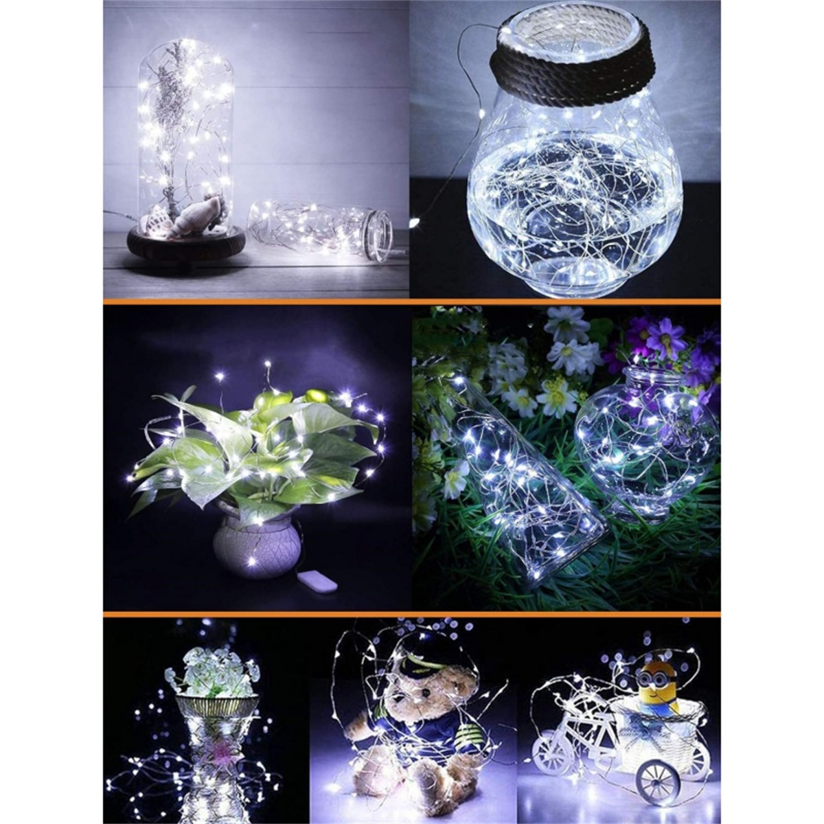 Mehrere Szenen mit Lichterketten in Gläsern, Vasen und um Pflanzen und Objekte herum.