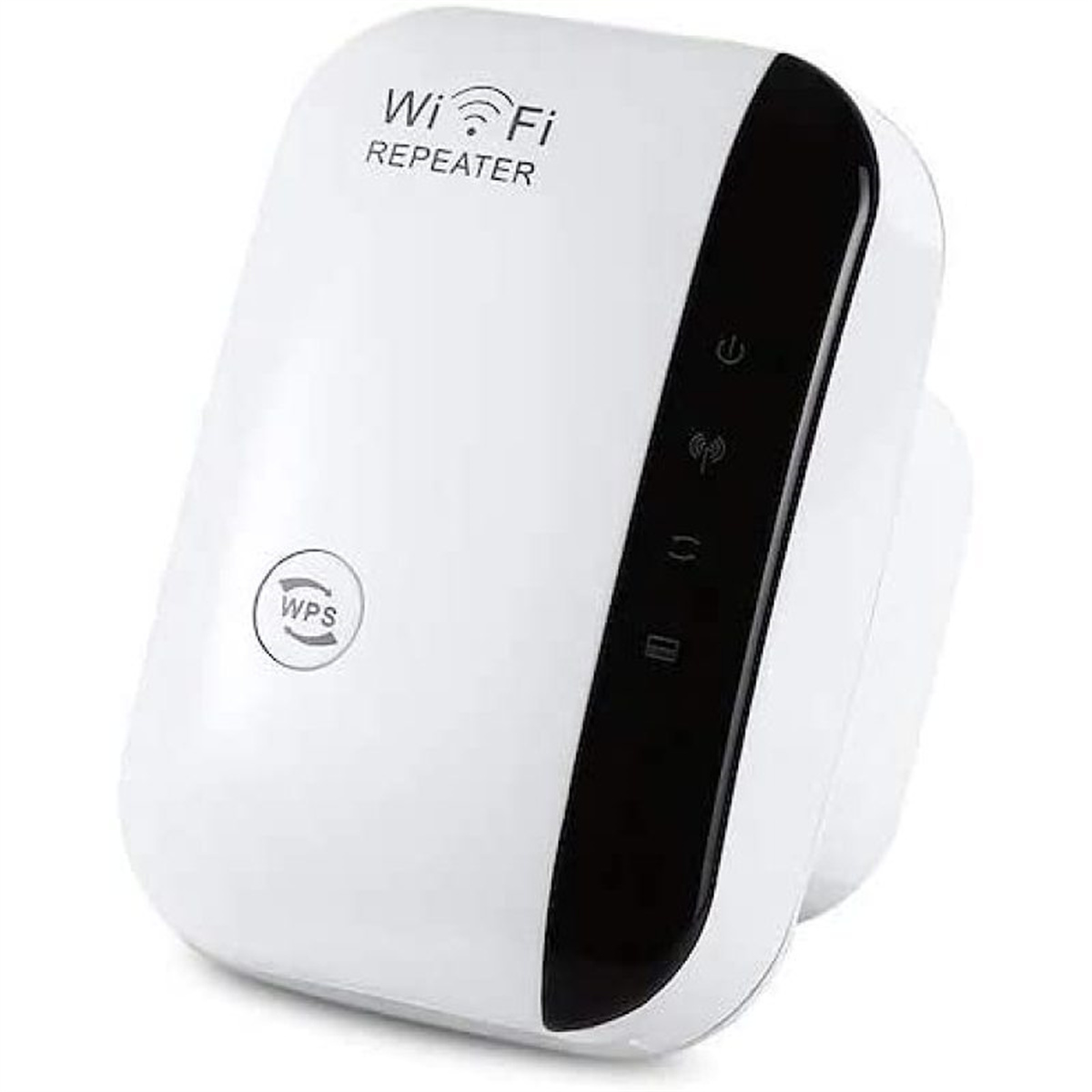 Weißer WLAN-Repeater mit schwarzen Details und Knöpfen. Weißer Hintergrund.