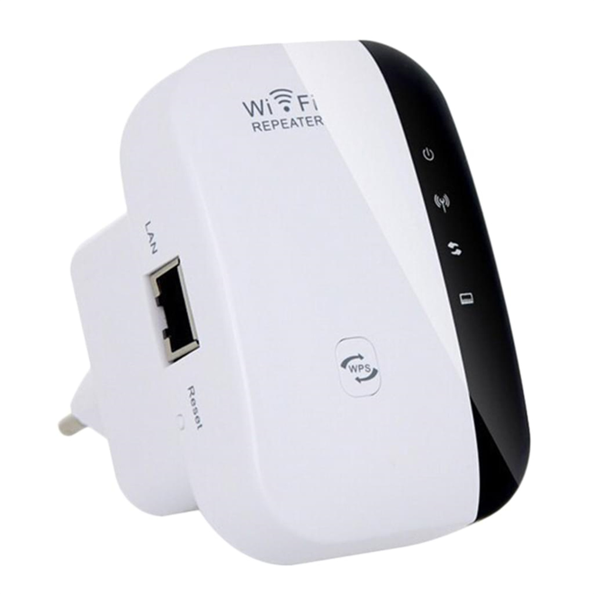 Weiß-schwarzer WLAN-Repeater mit verschiedenen Anschlüssen und Tasten, Nahaufnahme.