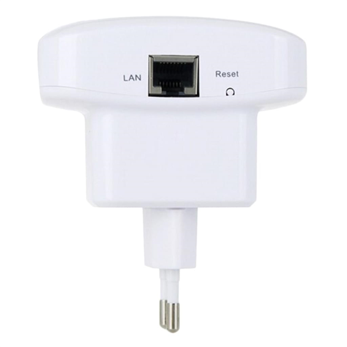 Weißer WLAN-Repeater mit LAN-Anschluss und Reset-Taste.