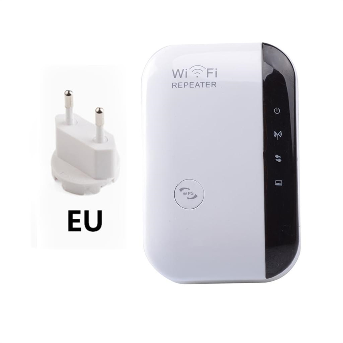 Weißer WLAN-Repeater und ein EU-Steckeradapter, beide auf weißem Hintergrund.