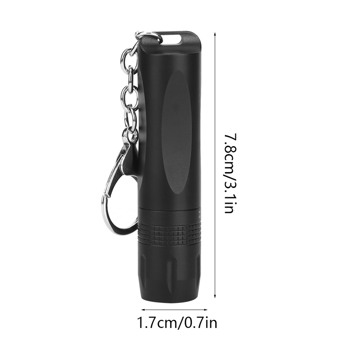 Kleine schwarze Taschenlampe mit Schlüsselanhänger und Maßen.