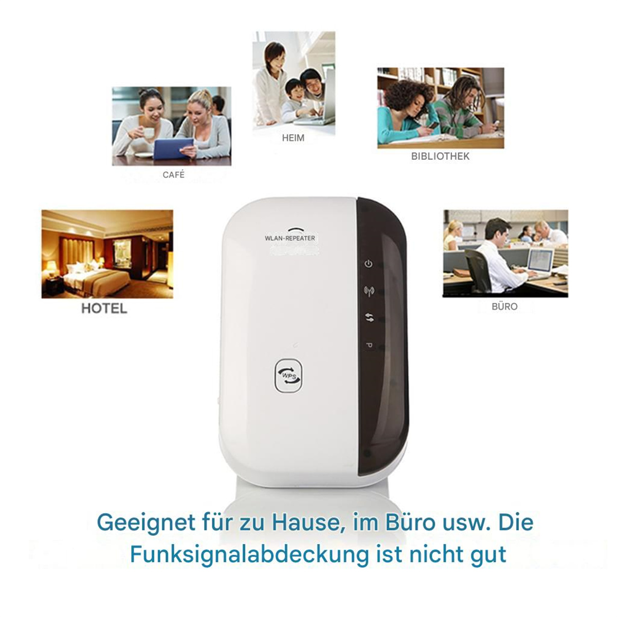 Ein weiß-schwarzer WLAN-Repeater mit Symbolen verschiedener Orte: Café, Zuhause, Hotel usw.