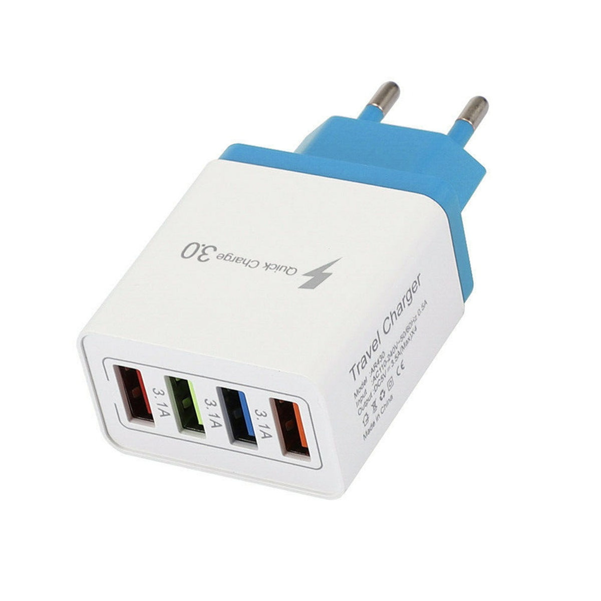 Weißes und blaues USB-Ladegerät mit mehreren Anschlüssen. Es hat das Label Quick Charge 3.0.