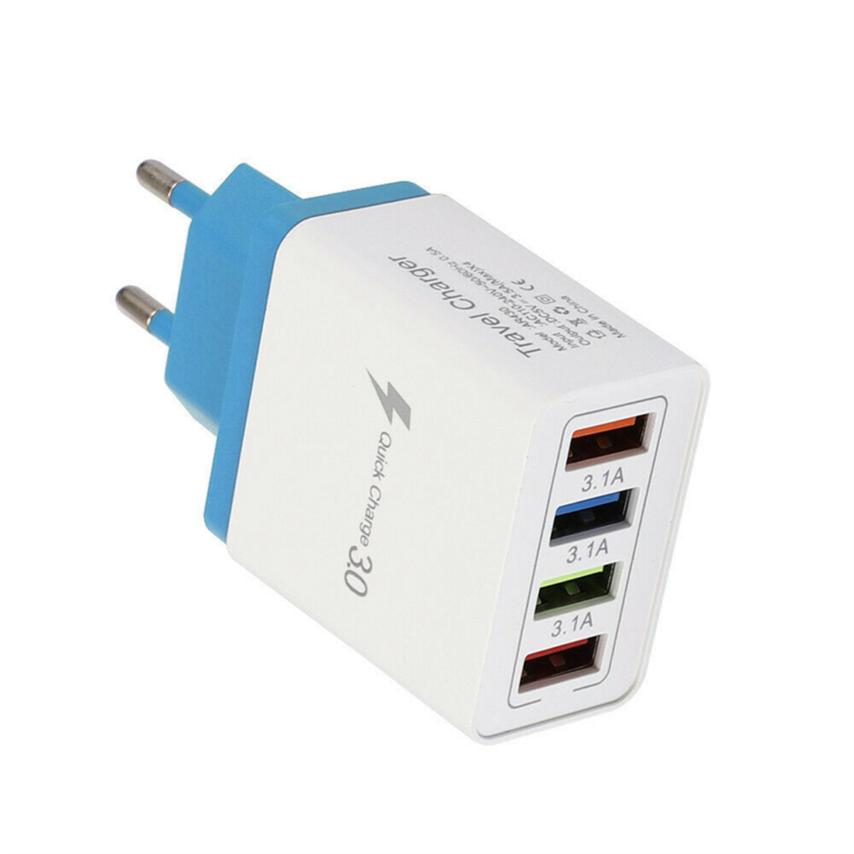 Weißes und blaues Schnelllade-3.0-Reiseladegerät mit 4 USB-Anschlüssen.