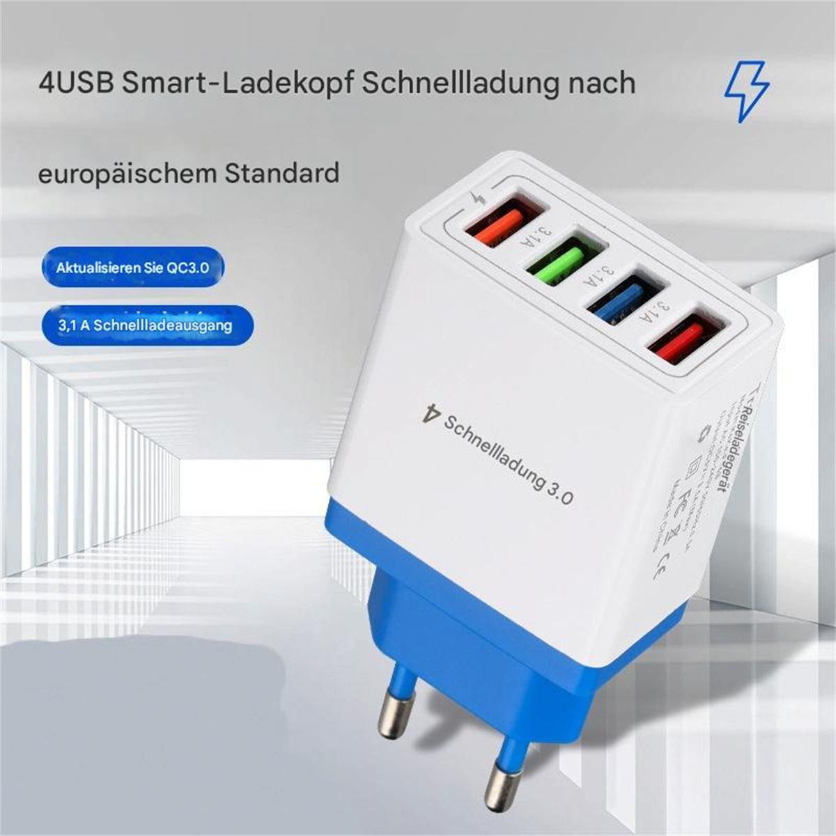 Ein weißes und blaues USB-Ladegerät. Es hat 4 USB-Anschlüsse. Der Text lautet 'Schnellladung 3.0'.