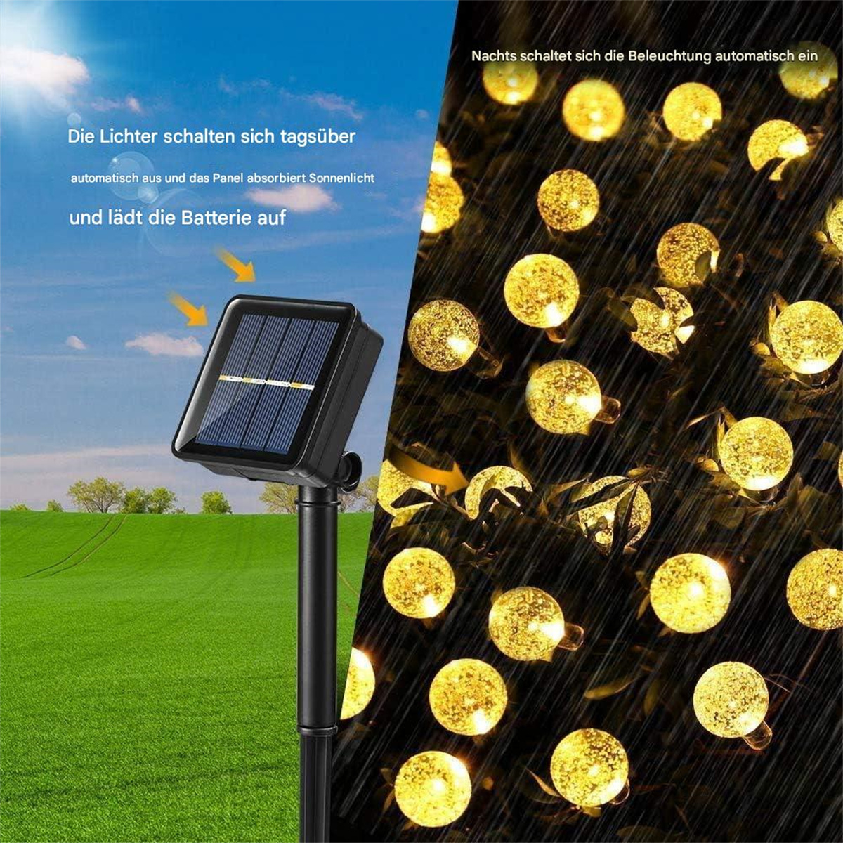 Solarpanel mit Solarleuchten. Lichter schalten sich nachts automatisch ein. Panel absorbiert Sonnenlicht.