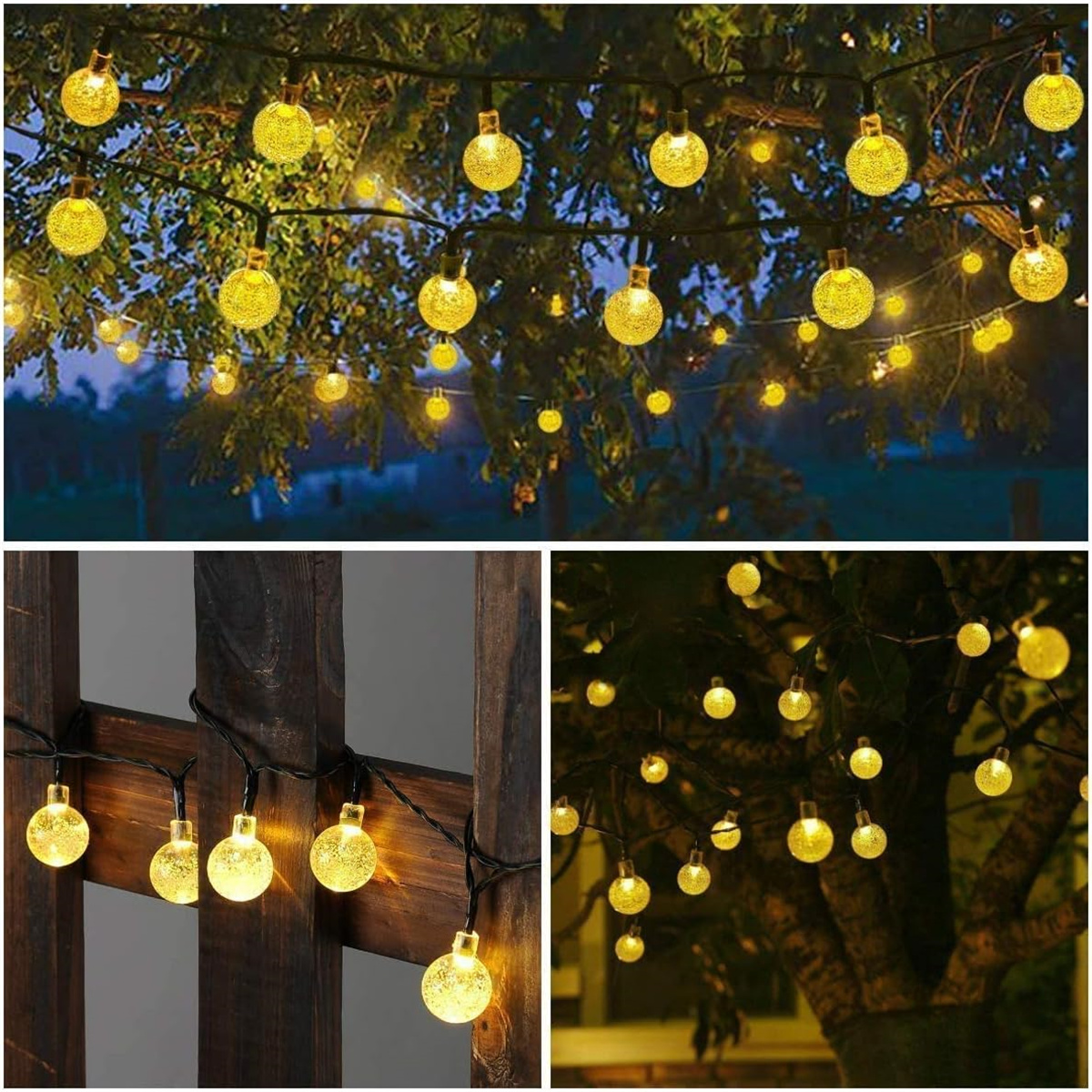 Mehrere Bilder von Lichterketten mit gelben, runden Glühbirnen. Sie hängen an Bäumen und Holzstrukturen, beleuchtet im Dunkeln.
