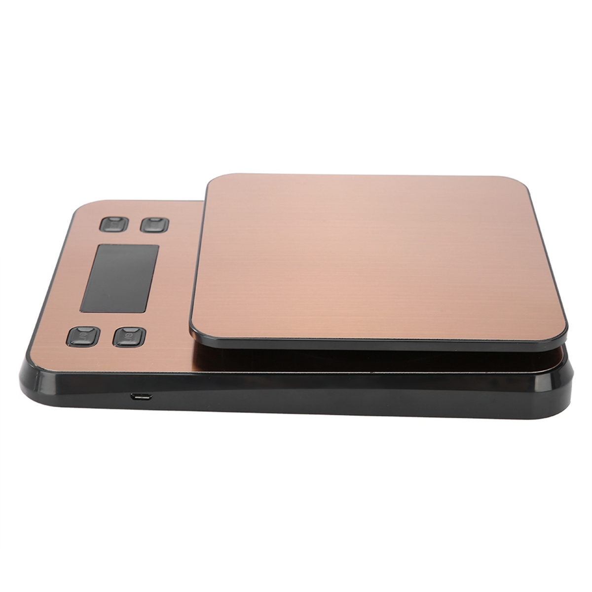 Digitale Küchenwaage, bronzefarbene Oberseite mit schwarzem Sockel. Drei Tasten und ein USB-Anschluss sind sichtbar.
