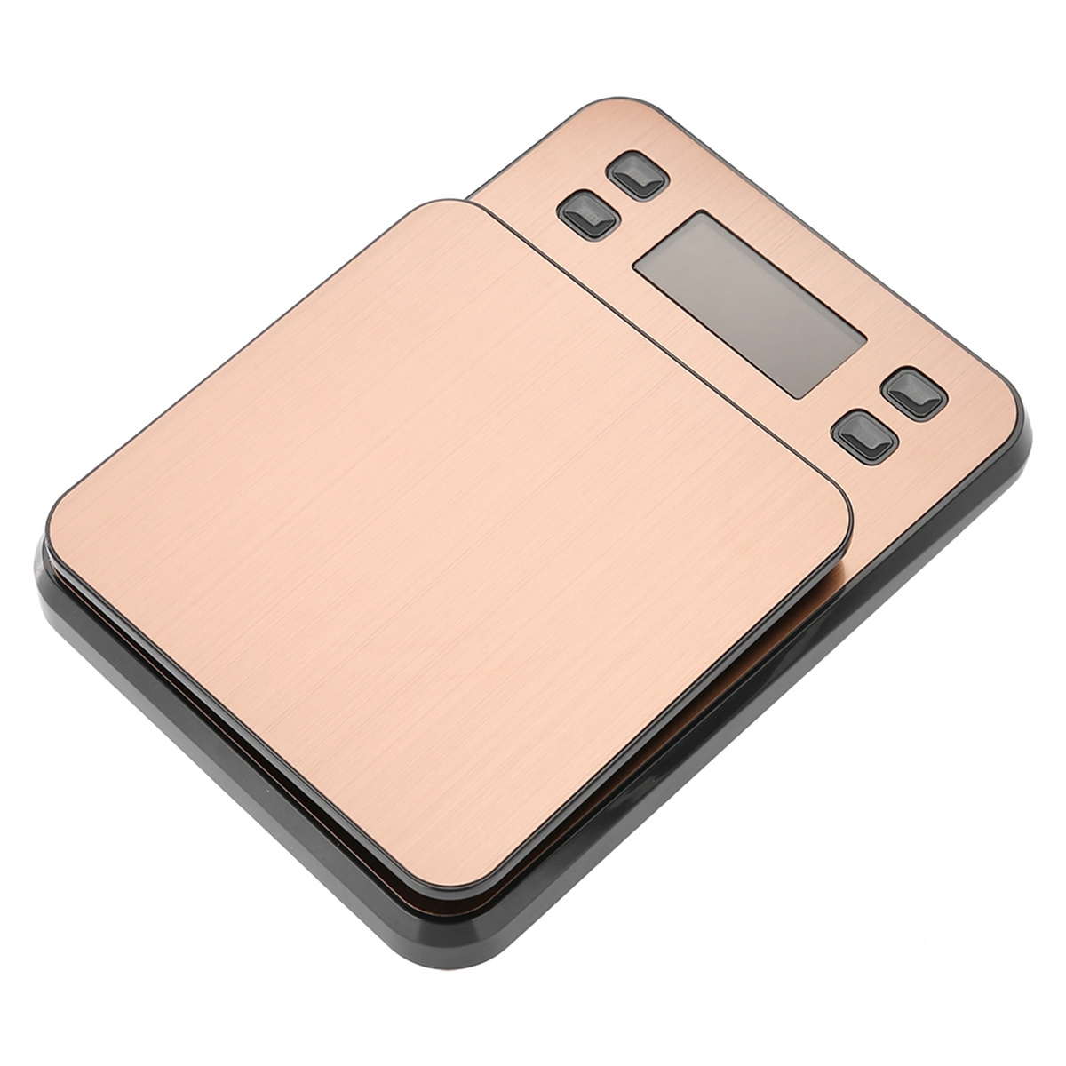 Roségoldene Waage mit Abdeckung, Knöpfen und digitaler Anzeige.