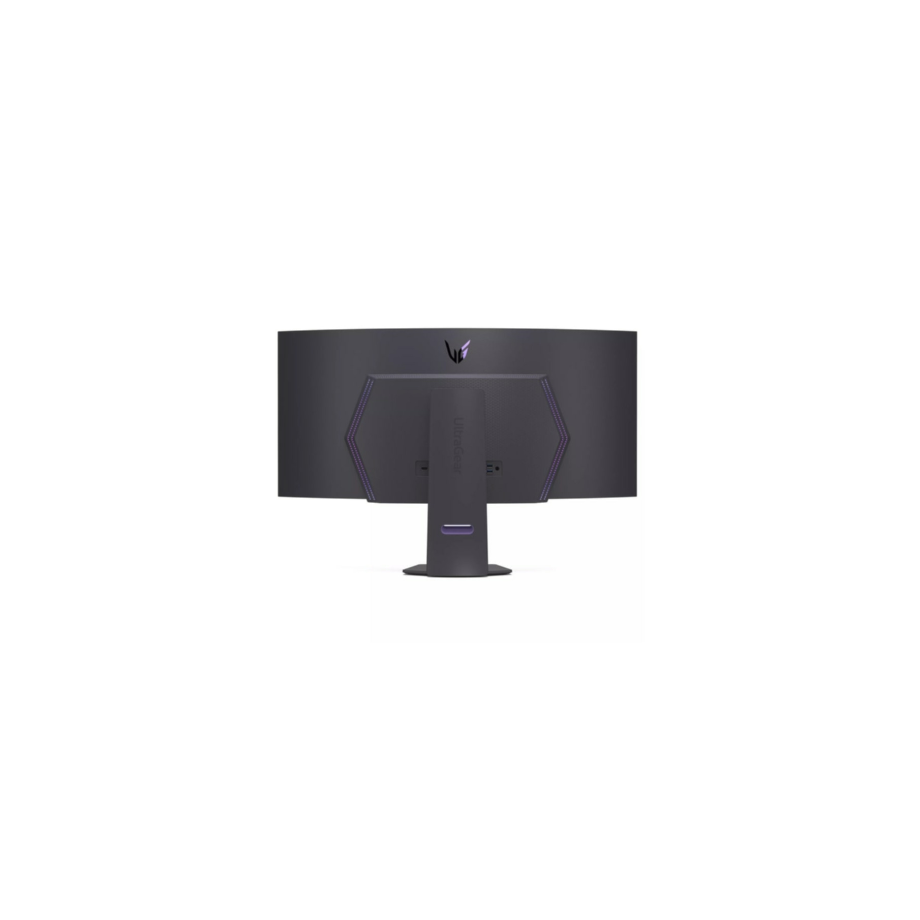 Rückseite des gebogenen schwarzen Monitors mit lila Akzenten, LG-Logo und Ständer.