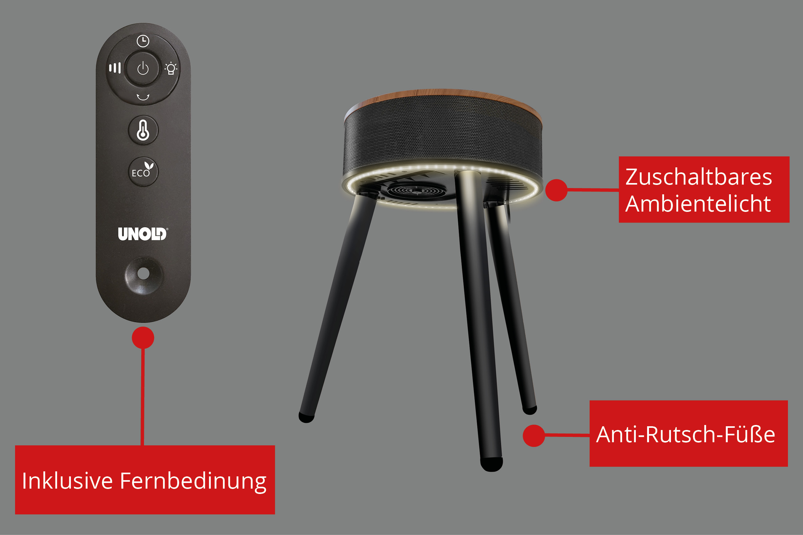 Okrągły, czarny głośnik na nogach statywu, z pilotem i etykietami w języku niemieckim.
