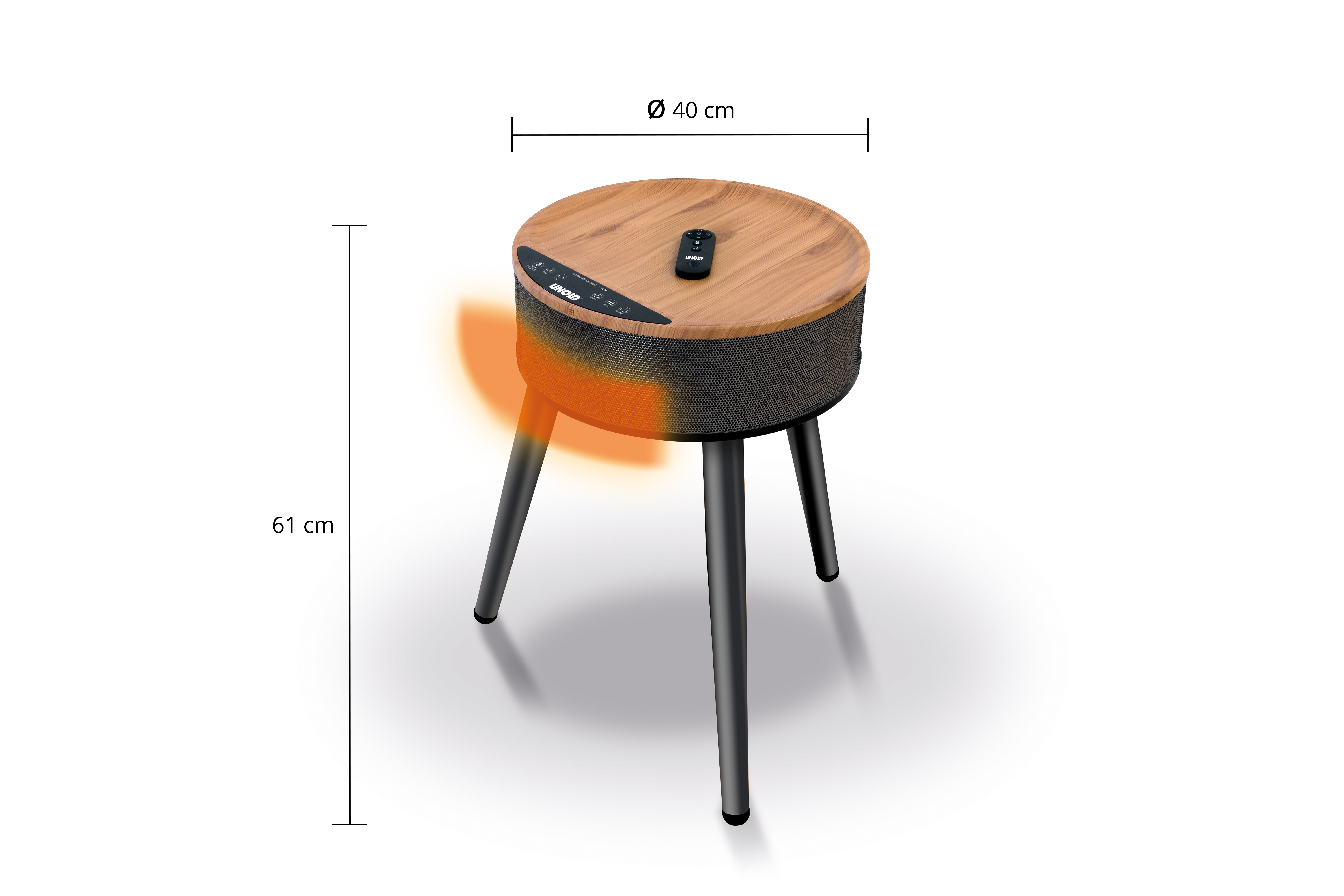 Drewniany stolik boczny z głośnikiem i elementami sterującymi. Ma trzy czarne nogi i pilota.