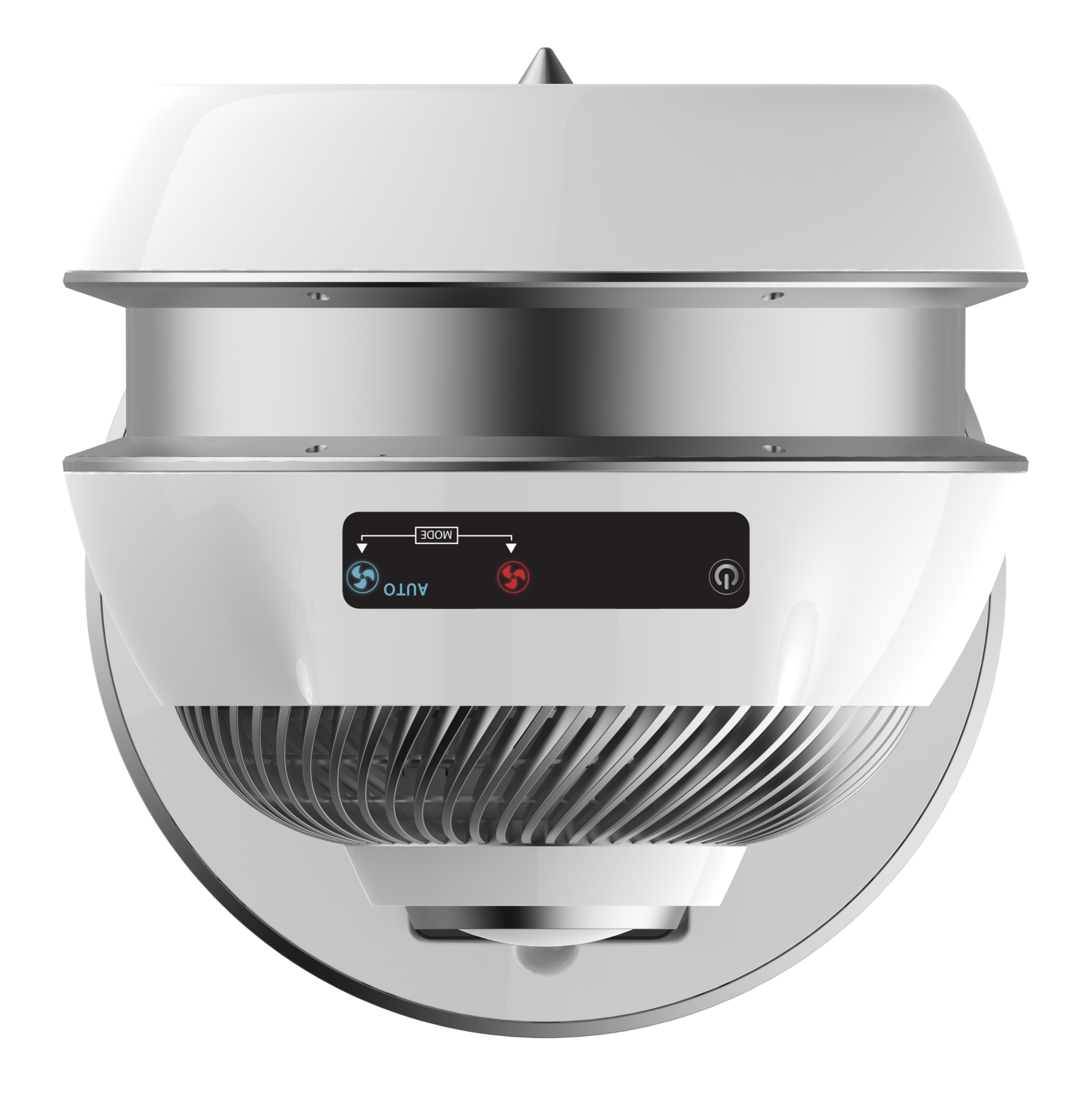 Ventilatore bianco con pannello di controllo. Testo: AUTO e modalità 300W. Vista dall'alto del design del ventilatore.