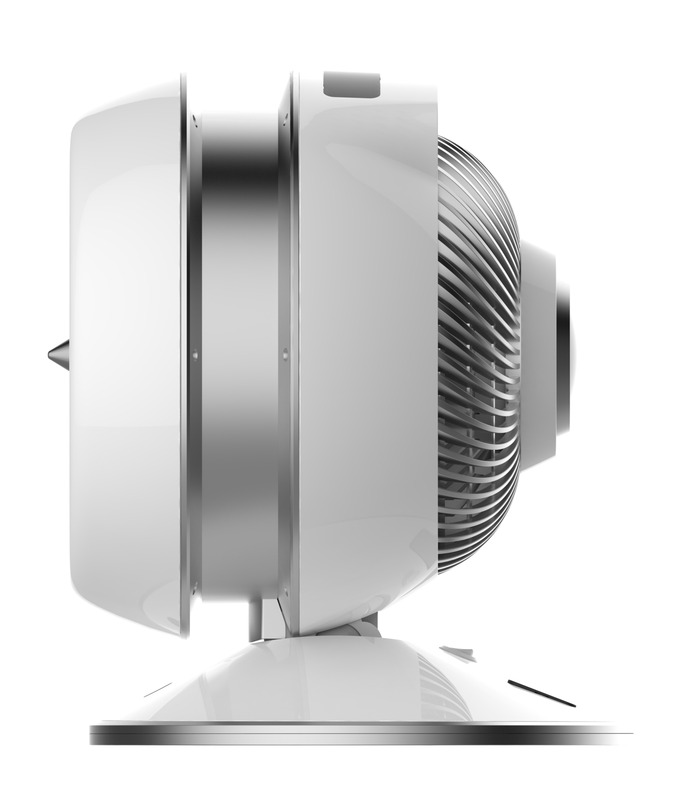 Un ventilatore bianco con una griglia curva e un corpo cilindrico, è su una base bianca.