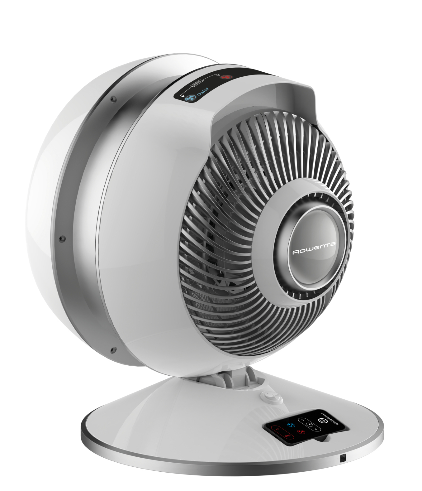 Ventilatore bianco e argento. Ha un display e comandi sulla base.