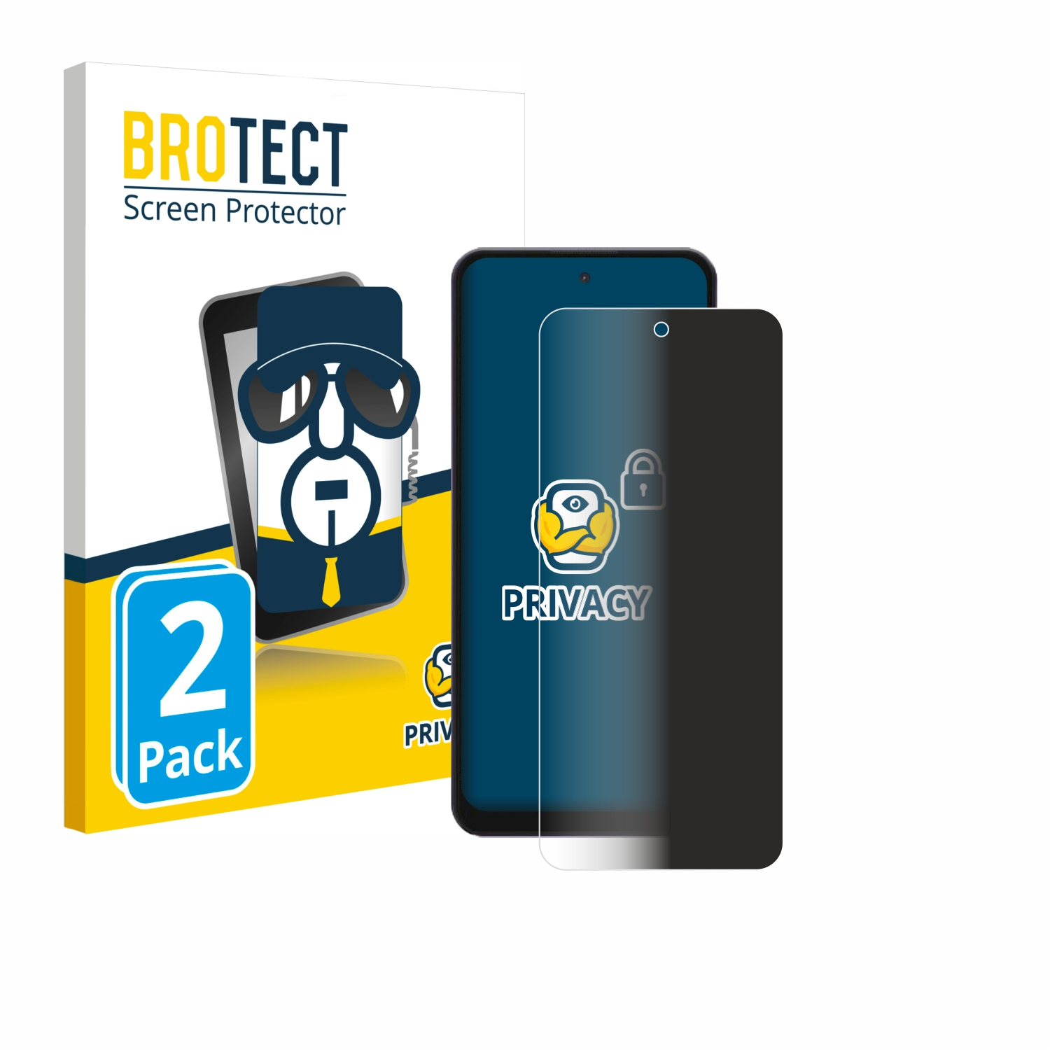Eine Displayschutzfolienbox und zwei Displayschutzfolien. Auf der Box ist ein Telefon mit Privacy Shield abgebildet.
