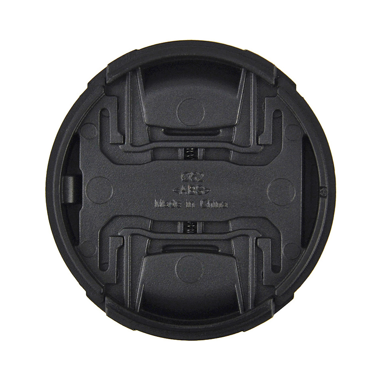 Schwarze Objektivkappe mit Innendesign und Text: Made in China.