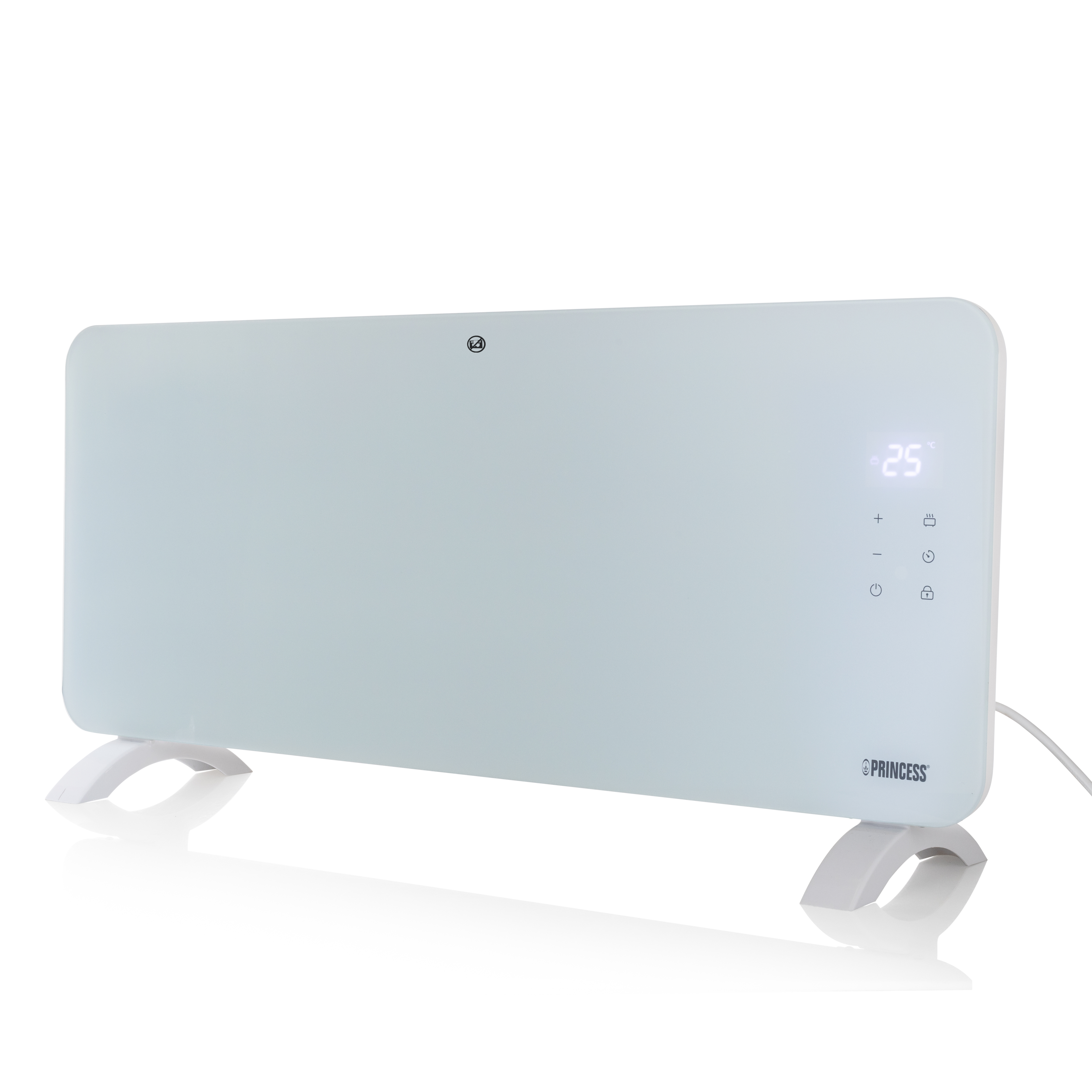 Een witte elektrische kachel met een digitaal display met 25 en steunvoeten.