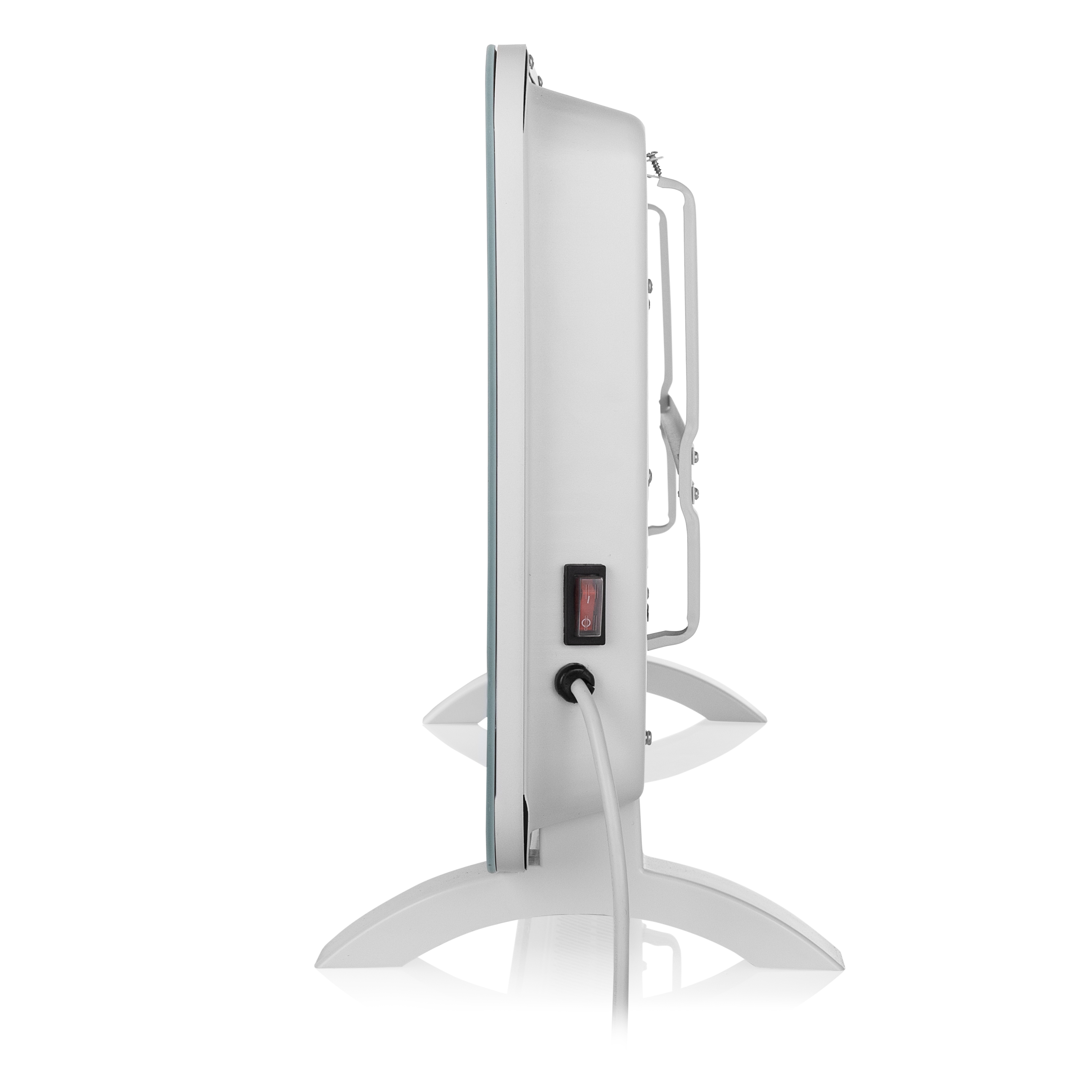 Zijaanzicht van een witte elektrische kachel met een netsnoer en een aan/uit-schakelaar.