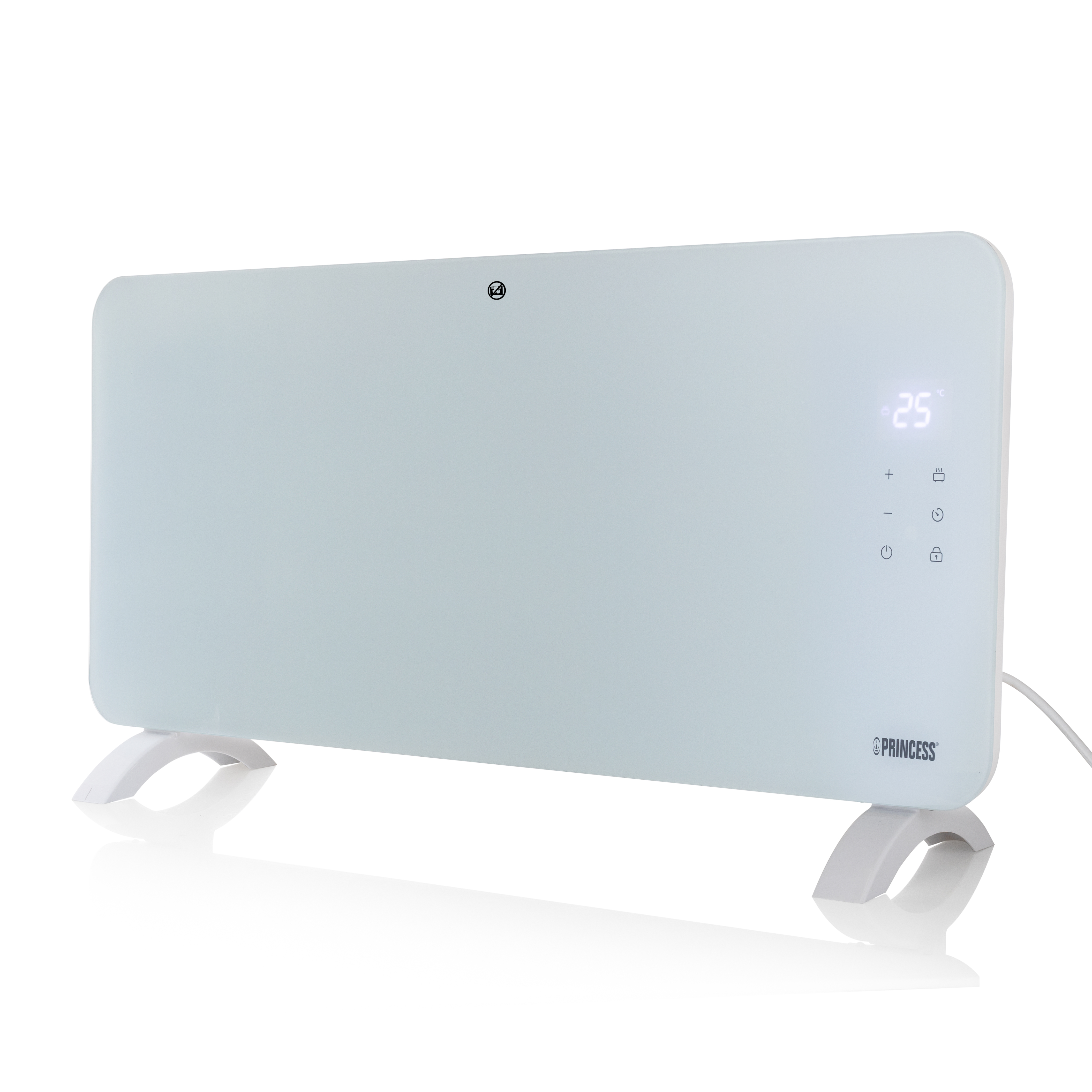 Ein weißer Princess Elektroheizer mit Digitalanzeige und weißen Beinen, auf weißer Oberfläche, drinnen.