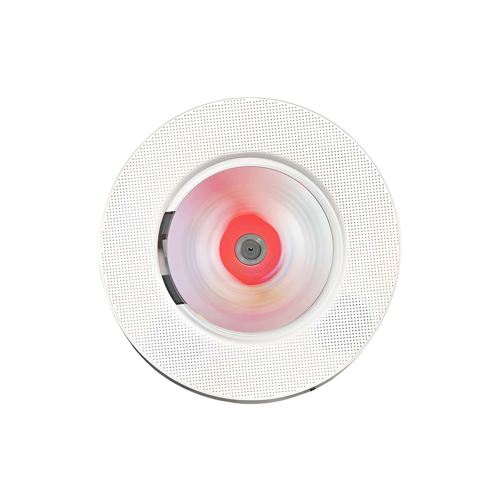 CD-Player, kreisförmig weiß mit rotierendem Datenträger. Roter Mittelpunkt.