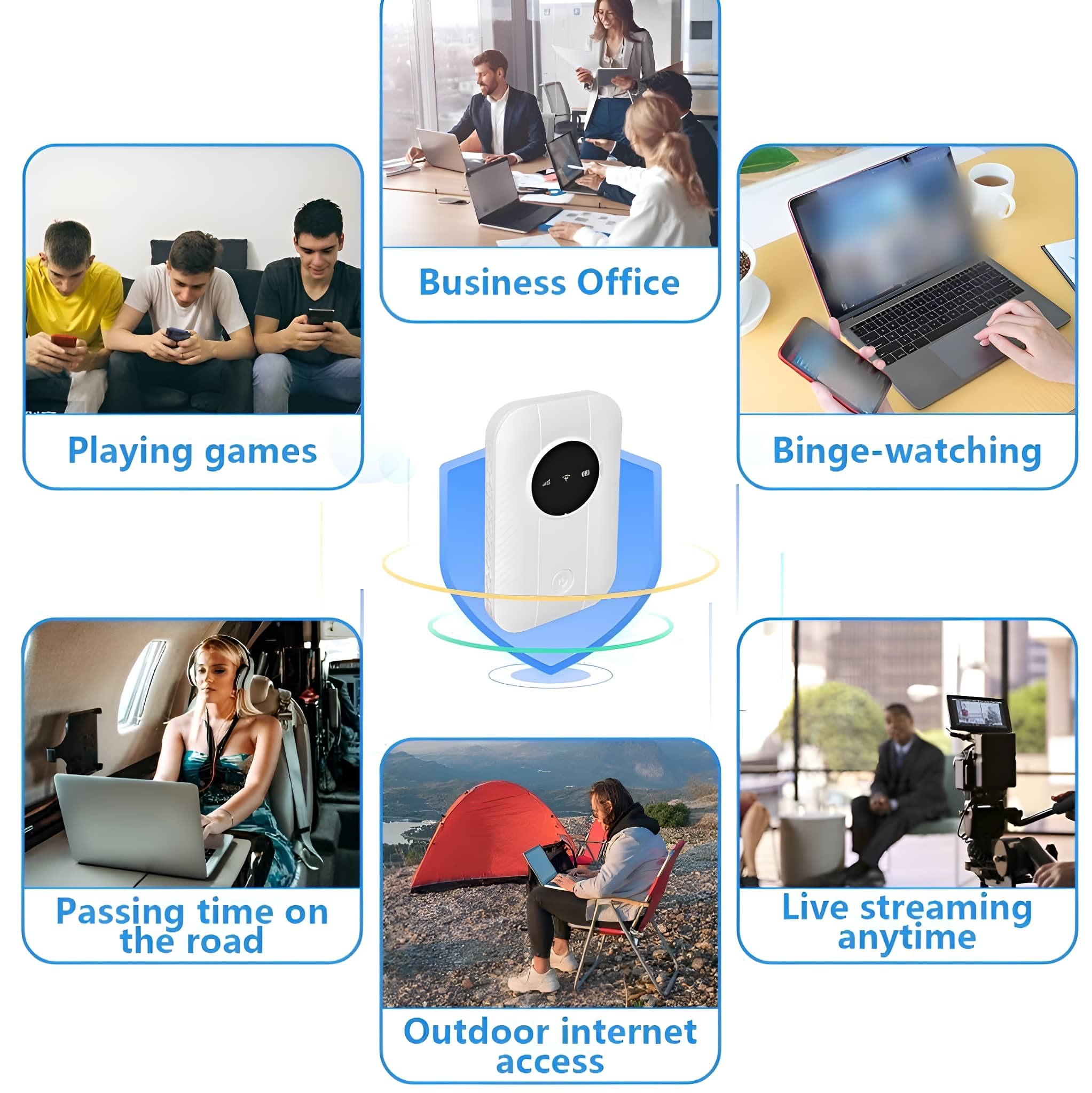 Das Bild zeigt mehrere Szenen von Personen, die ein weißes tragbares WLAN-Gerät in verschiedenen Umgebungen verwenden.