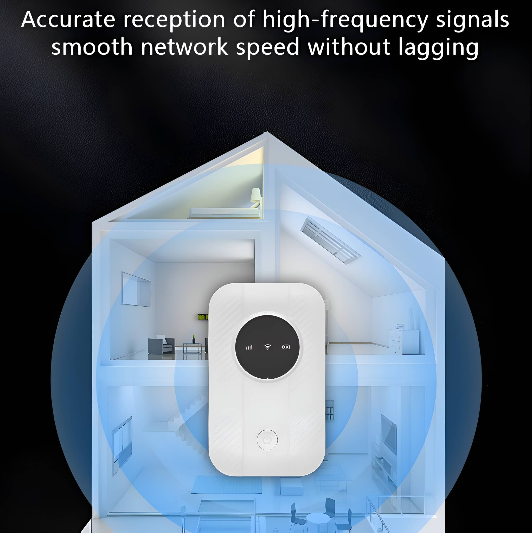 Weißer WLAN-Router in einer Hausillustration. Zeigt Signalwellen und Text über Netzwerkgeschwindigkeit und Signalempfang.
