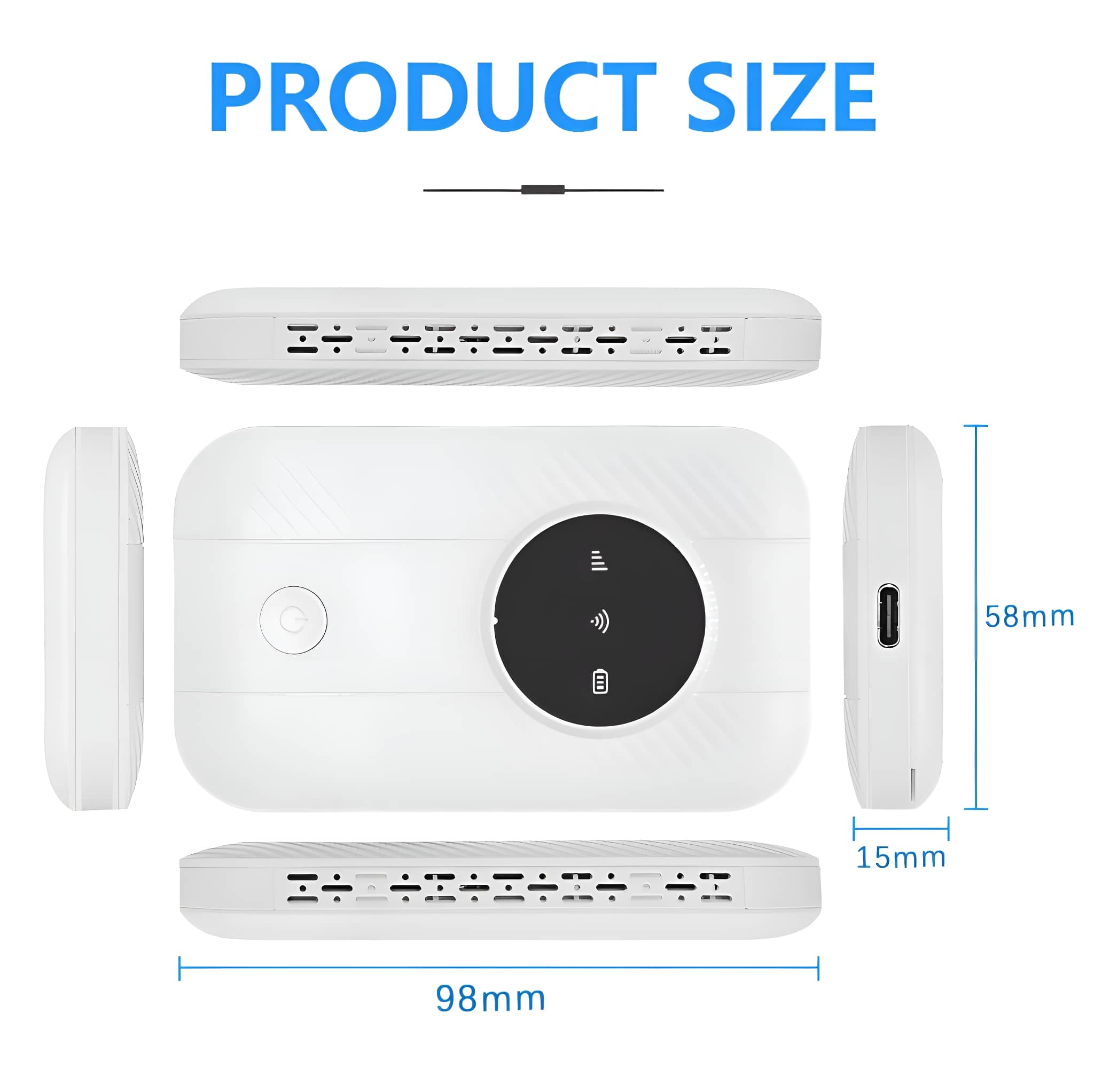 Weißes Produkt mit mehreren Ansichten, die Abmessungen zeigen. Text: Produktgröße. Es ist ein weißer WLAN-Router.