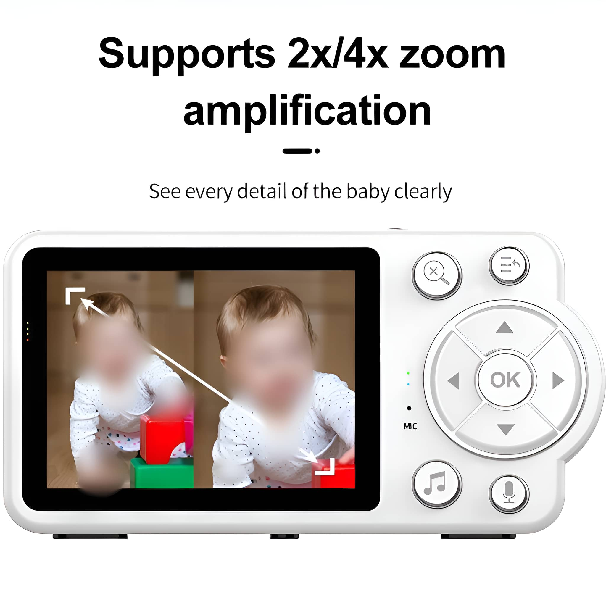 Weißer Babyphone mit Bildschirm, der verschwommene Babybilder zeigt. Knöpfe und Pfeile umgeben den Bildschirm.