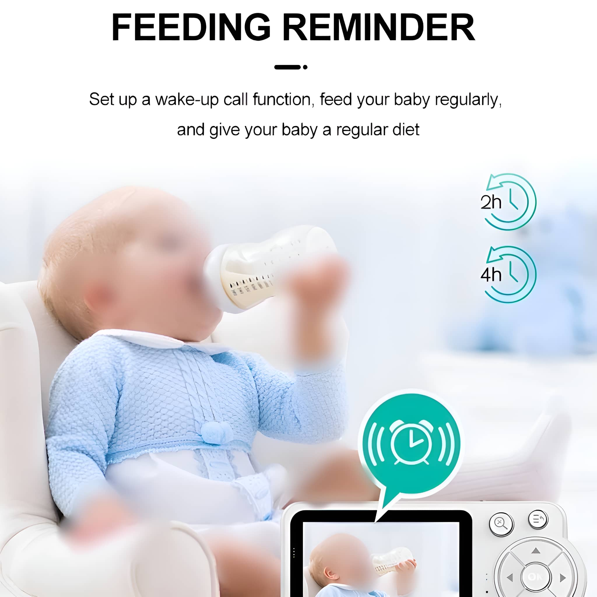 Baby trinkt aus einer Flasche, ein Monitor im Vordergrund zeigt das Baby.