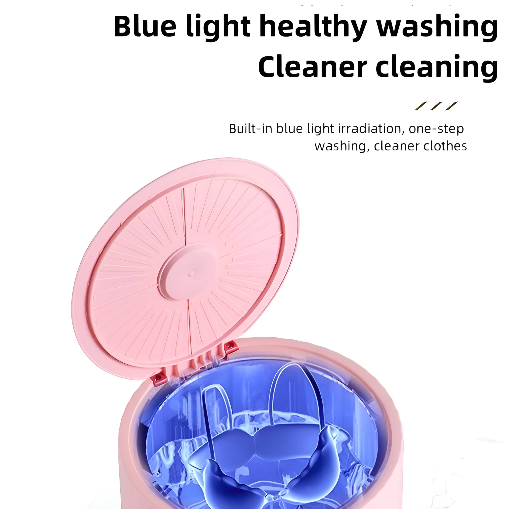 Rosa Waschmaschine reinigt BH. Offener Deckel, blaues Licht innen. Text: 'Blue light healthy washing'.