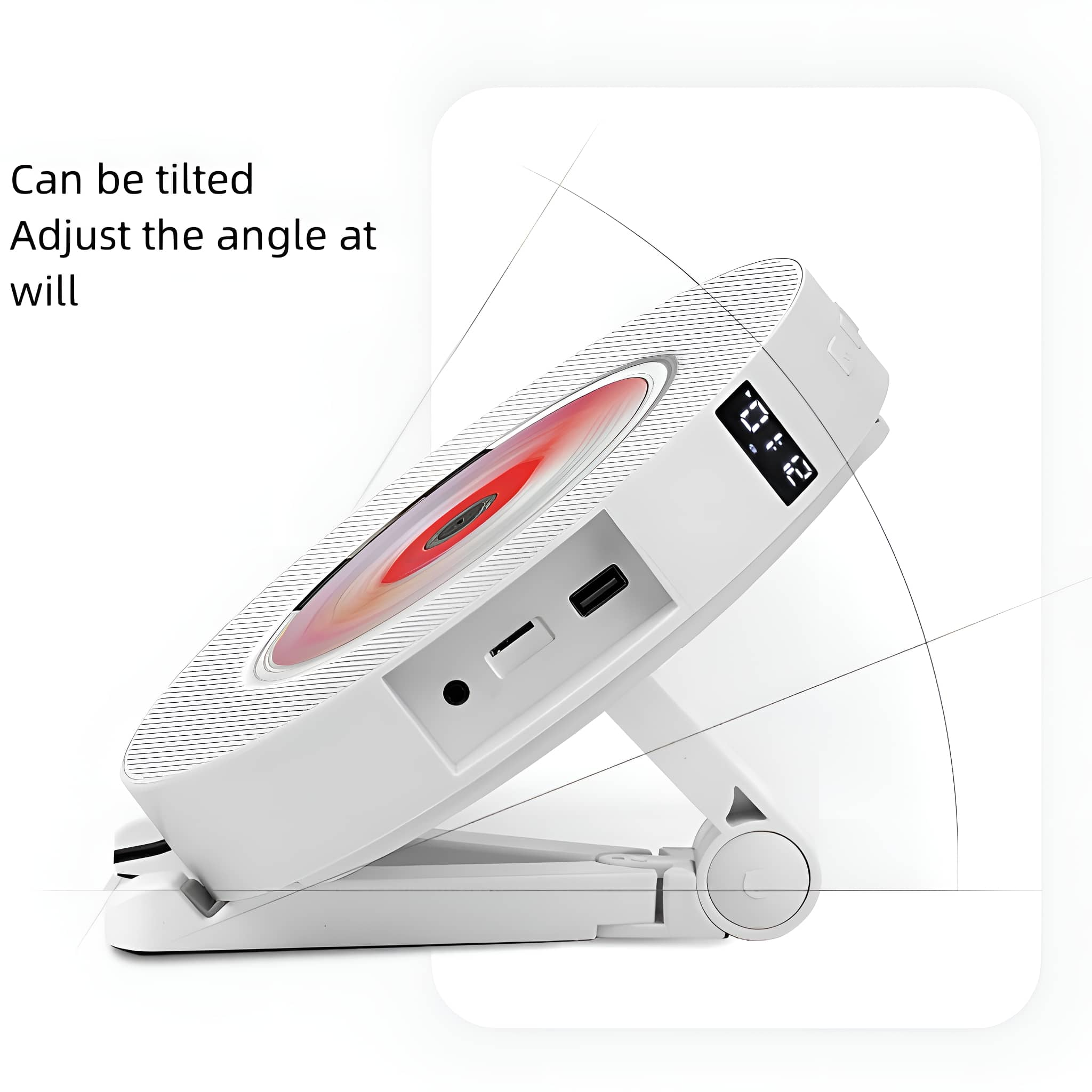 Ein weißer CD-Player mit Display und abgewinkeltem Ständer, mit Text, der besagt, dass er kippbar ist.