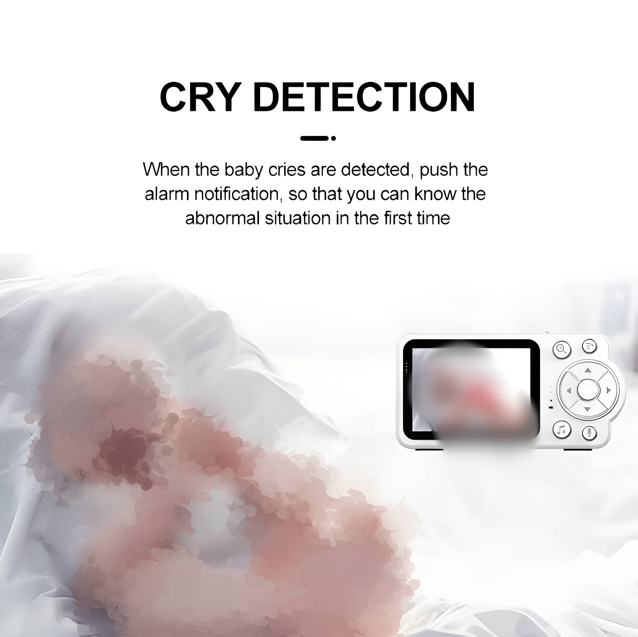 Babyphone. Der Monitor zeigt ein verschwommenes Bild eines Babys auf einem weißen Bett.