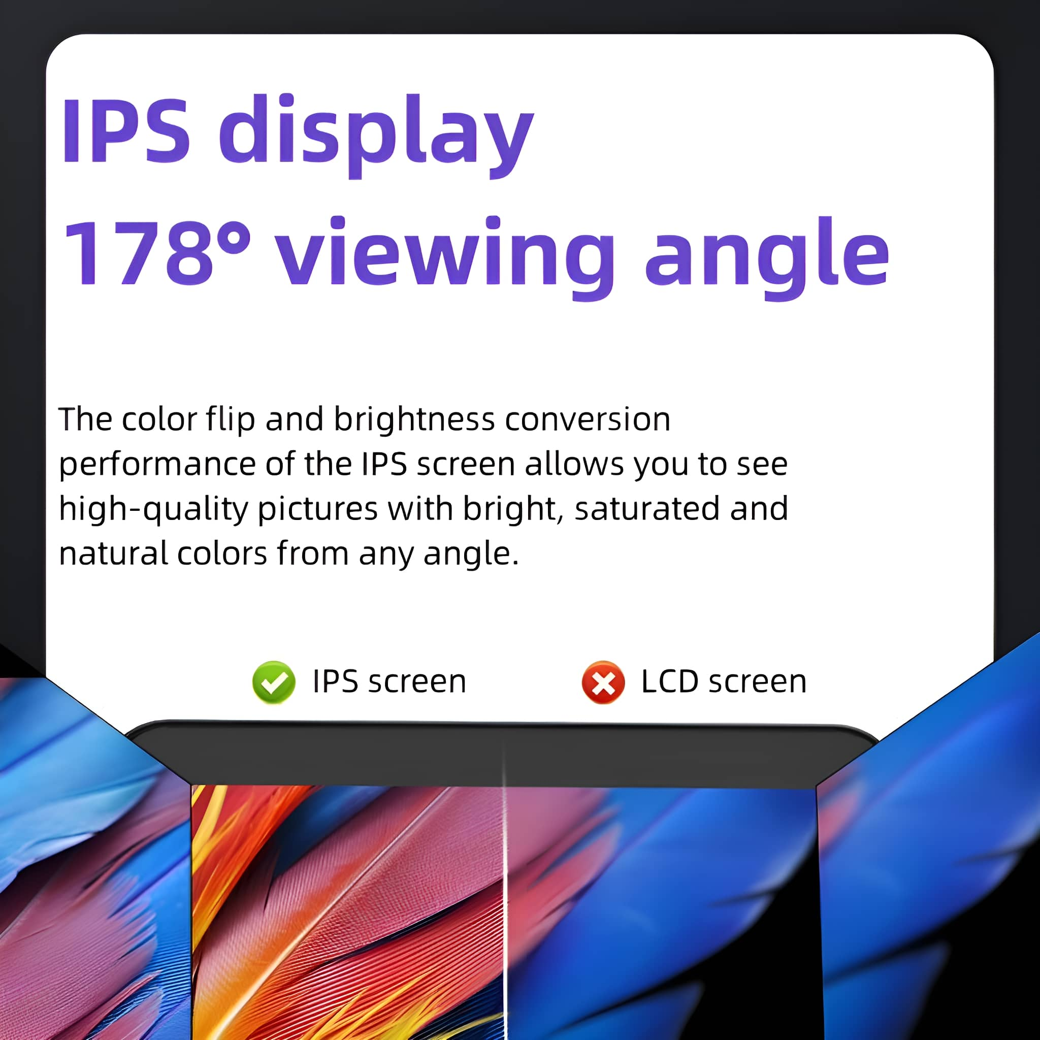 Nahaufnahme eines Bildschirms mit leuchtenden Farben. Text beschreibt IPS-Display, Betrachtungswinkel und Bildschirmtypen.