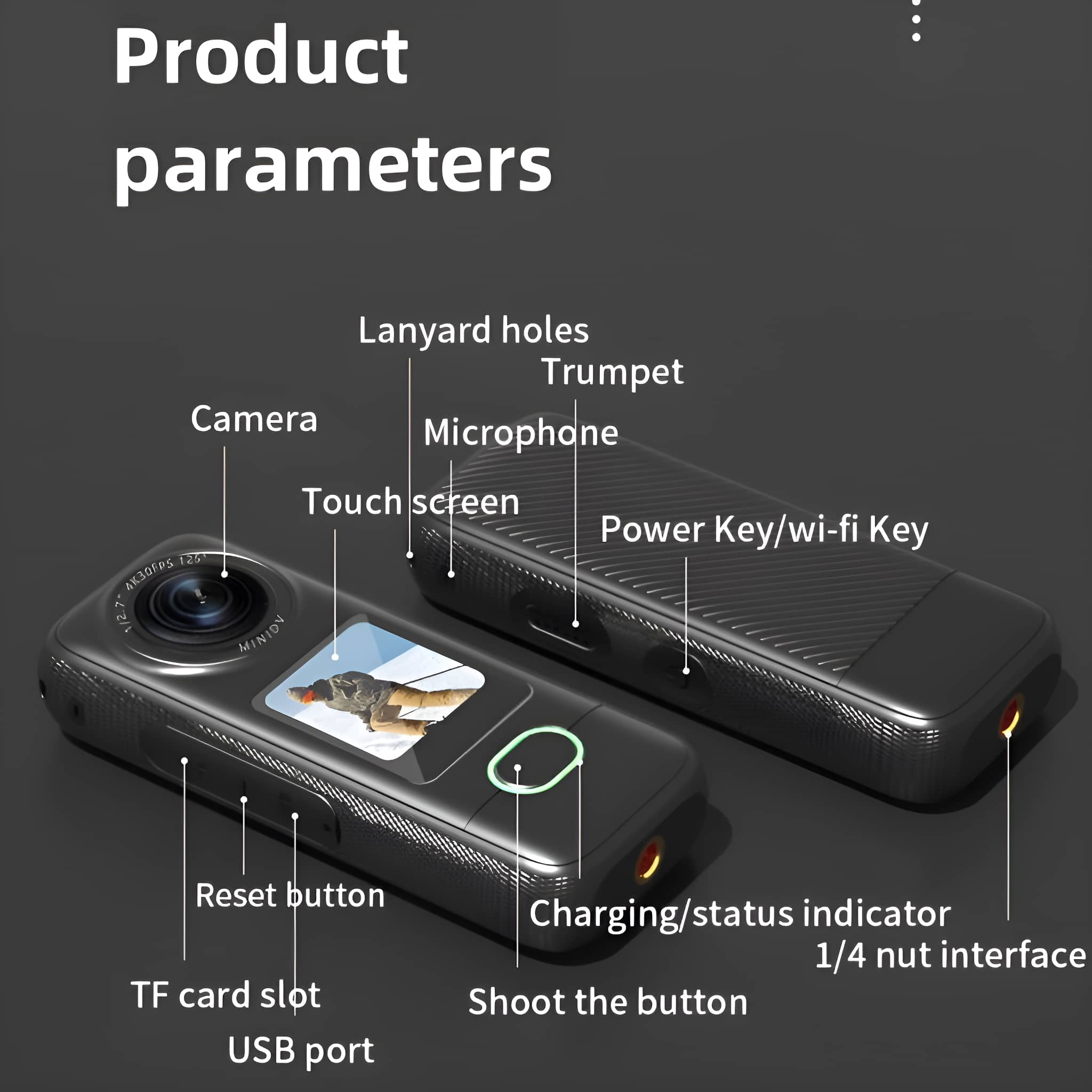 Zwei schwarze Kameras mit Produktparameter-Etiketten und Funktionsbeschreibungen.
