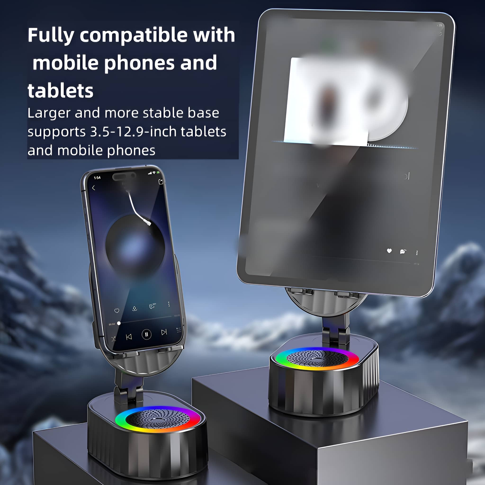 Zwei schwarze Ständer, einer mit Telefon, einer mit Tablet. Beide zeigen Bildschirme, mit bunten Lichtern.